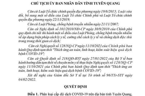 Phân loại cấp độ dịch Covid-19 trên địa bàn tỉnh Tuyên Quang