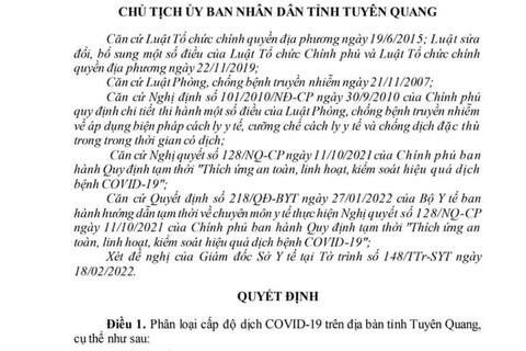 Phân loại cấp độ dịch Covid-19 trên địa bàn tỉnh Tuyên Quang